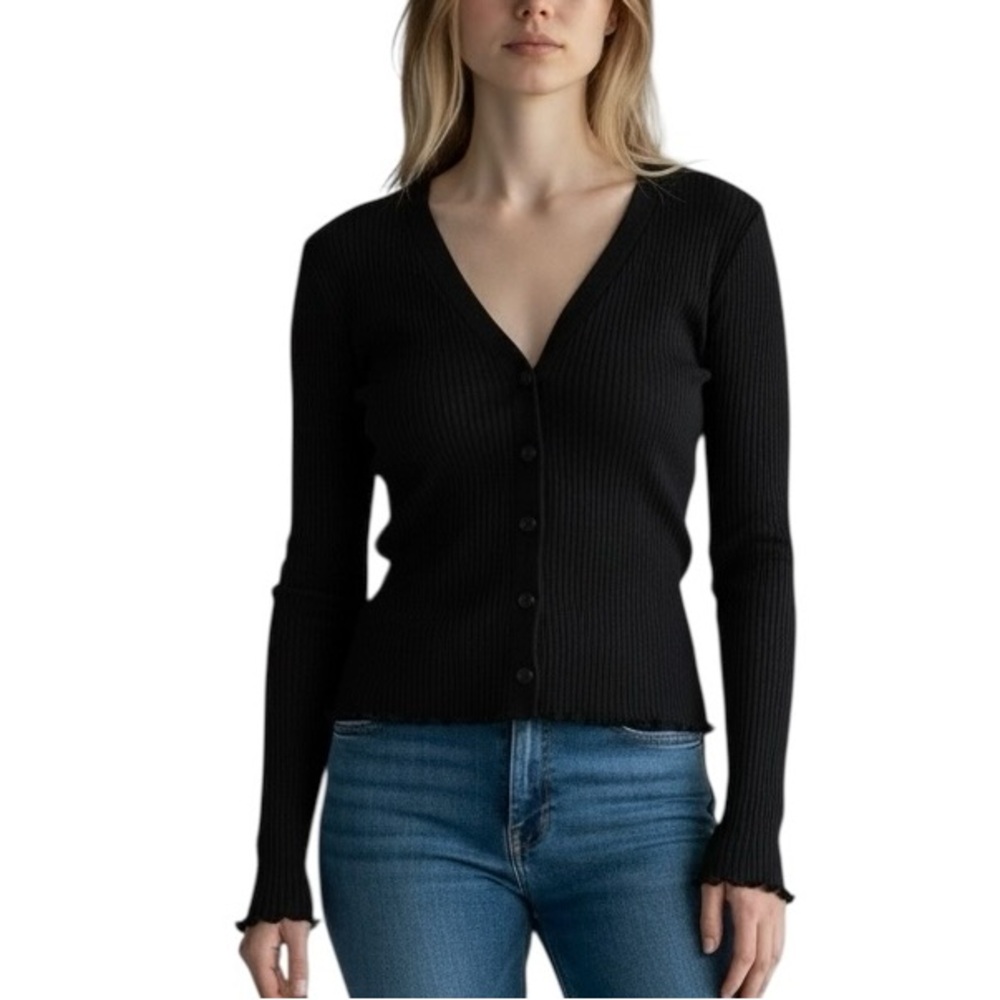 Madewell Black Slim Ribbed V-Neck Buttoned Cardigan